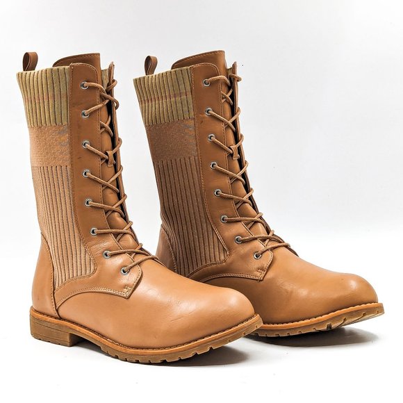 Journee Collection Women Tru Comfort Beige Vegan Leather Combat Boots size 12 - Picture 1 of 12